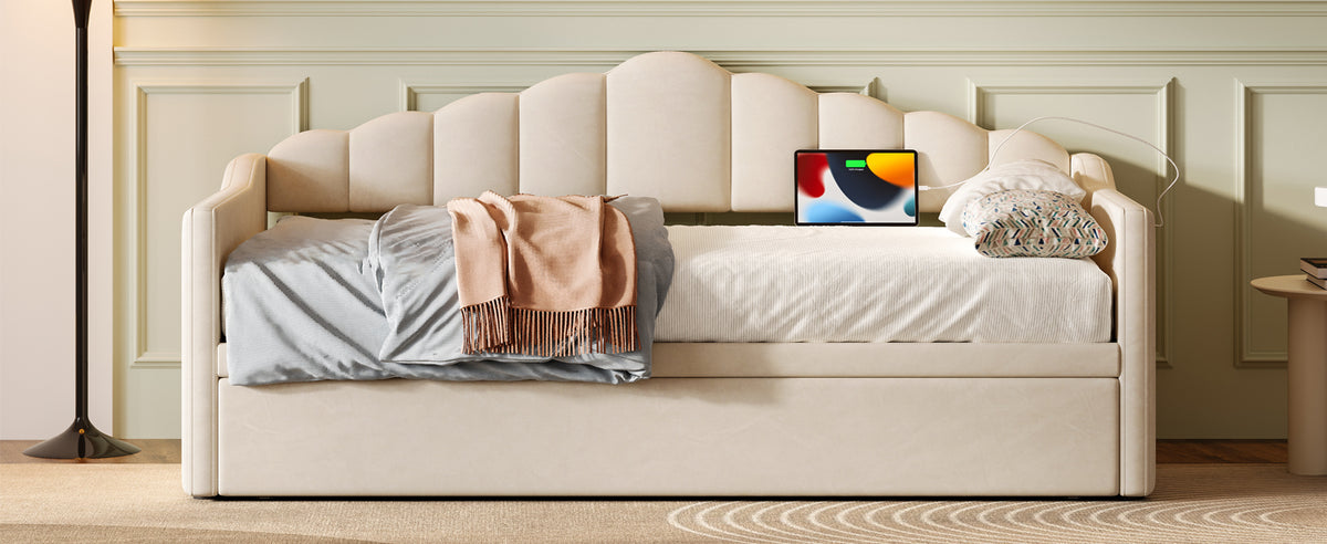 Upholstered Twin Size Daybed Bed with Charging Station & 2 Side Pockets,Velvet Daybed Frame with Adjustable Height Pop Up Trundle for Guest Room, Home Office,Beige