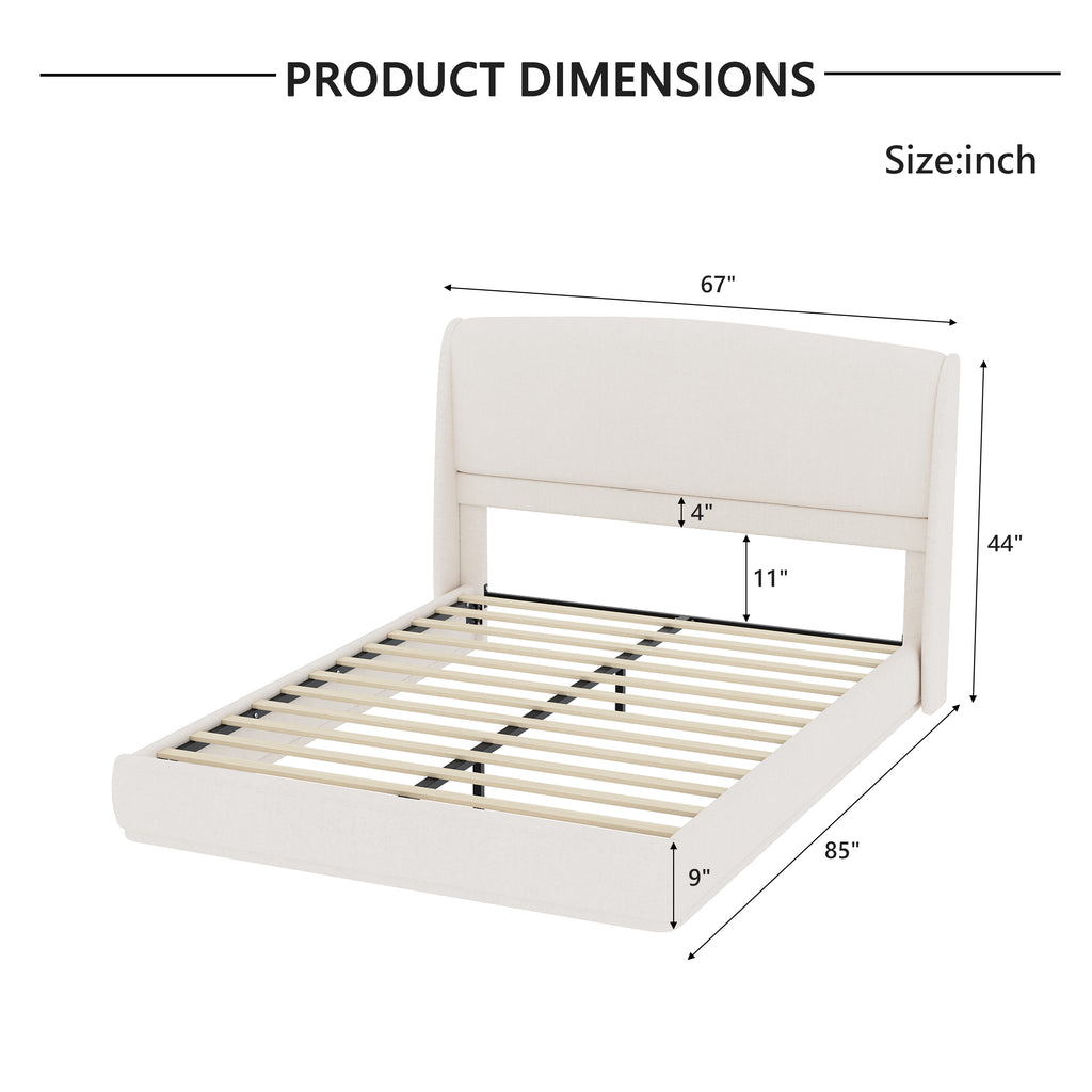 NYBOPAVIS Queen Size Upholstered Bed Frame with Wingback Headboard, Wooden Frame with Beige Linen Fabric, No Box Spring Needed, Easy Assembly