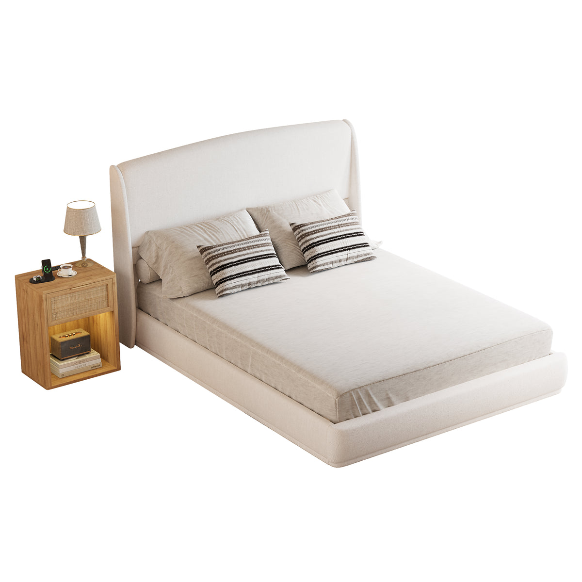 NYBOPAVIS Queen Size Upholstered Bed Frame with Wingback Headboard, Wooden Frame with Beige Linen Fabric, No Box Spring Needed, Easy Assembly