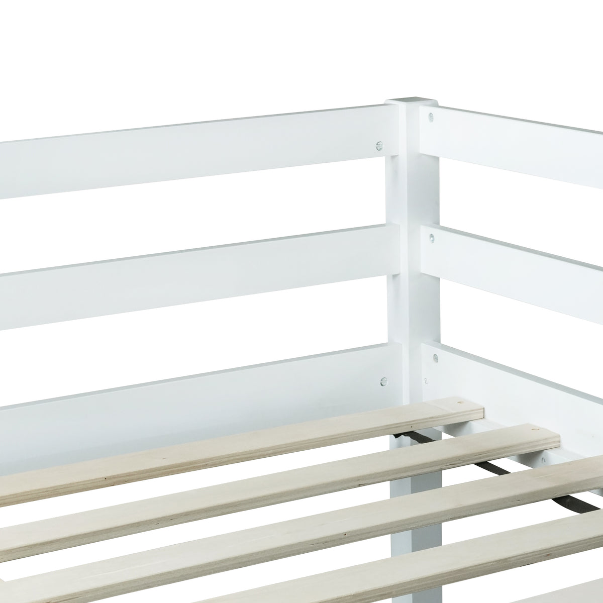 Full Low Loft Bed Frame, Solid Wood Elevated Bed with Guardrail, Space Saving Loft Bed for Bedroom, White