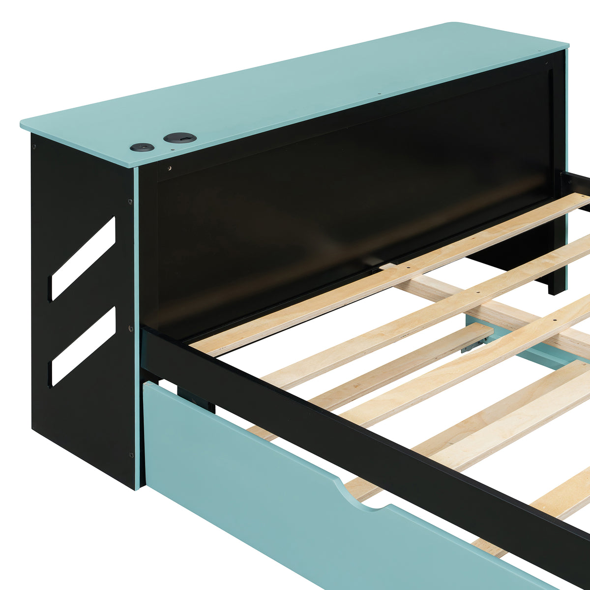 Full Size Wood Daybed with Desk & USB,Full Daybed with Twin Size Trundle for Bedroom, Cloud Blue