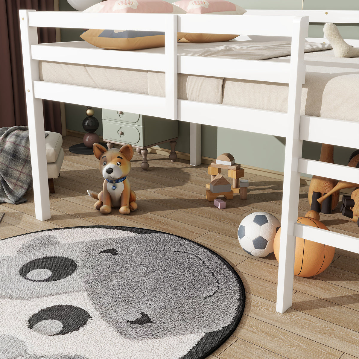 Full Low Loft Bed Frame, Solid Wood Elevated Bed with Guardrail, Space Saving Loft Bed for Bedroom, White