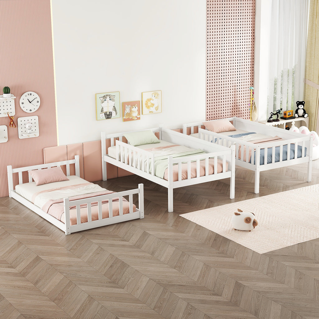 Triple Bunk Bed Frame, Convertible to 3 Single Beds, Solid Wood Bed with Ladders & Guardrails, White