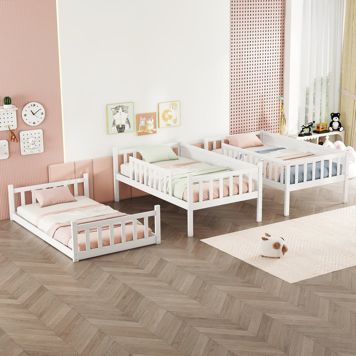 Triple Bunk Bed Frame, Convertible to 3 Single Beds, Solid Wood Bed with Ladders & Guardrails, White