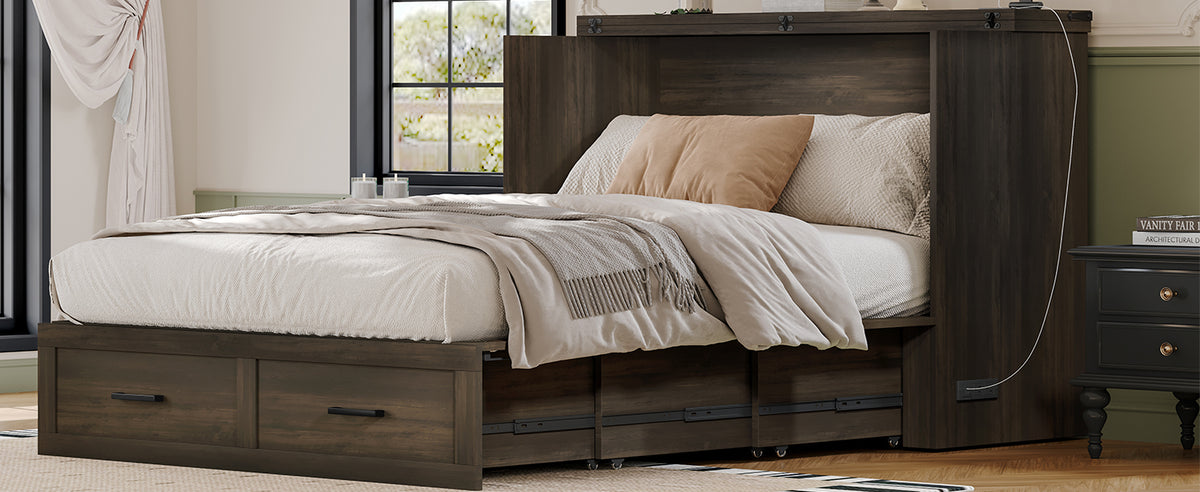 Full Size Farmhouse Murphy Cabinet Bed with Charging Station, Foldable Platform Bed with Large Storage Drawer for Guest-Room, Small Bedroom, Rustic Gray