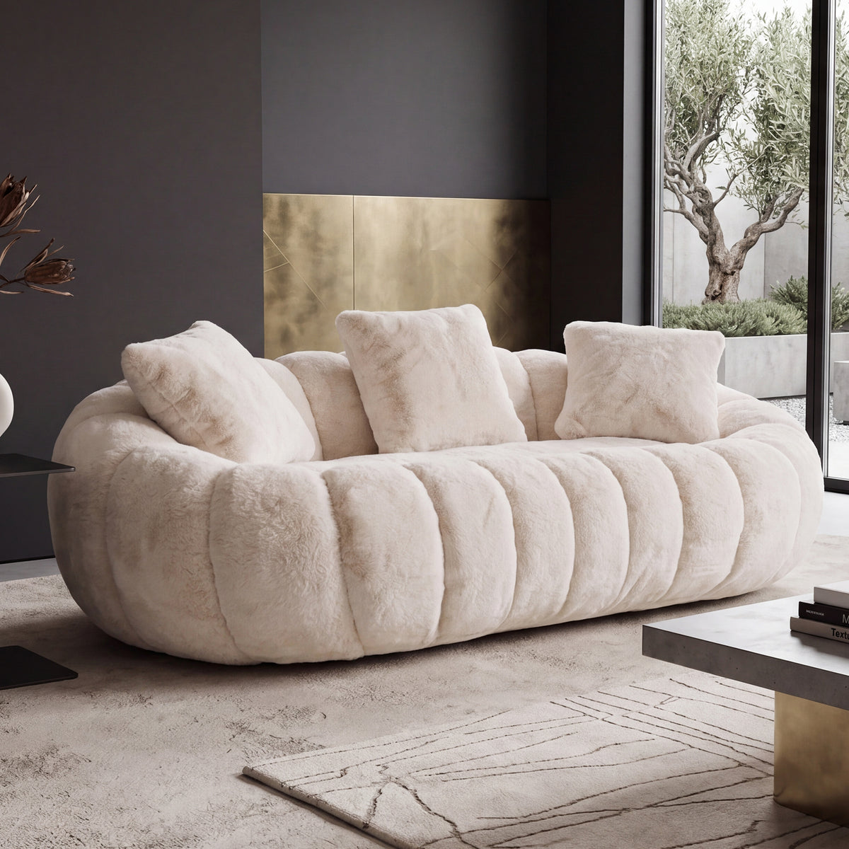 75.5'' Oversized Velvet Upholstered Sofa Bed, Comfy Sleeper Chair Sofa Couch, Floral-shaped Boneless Couch, Chaise Lounge Chair Indoor, Loveseat Cloud Couches for Living Room, Beige