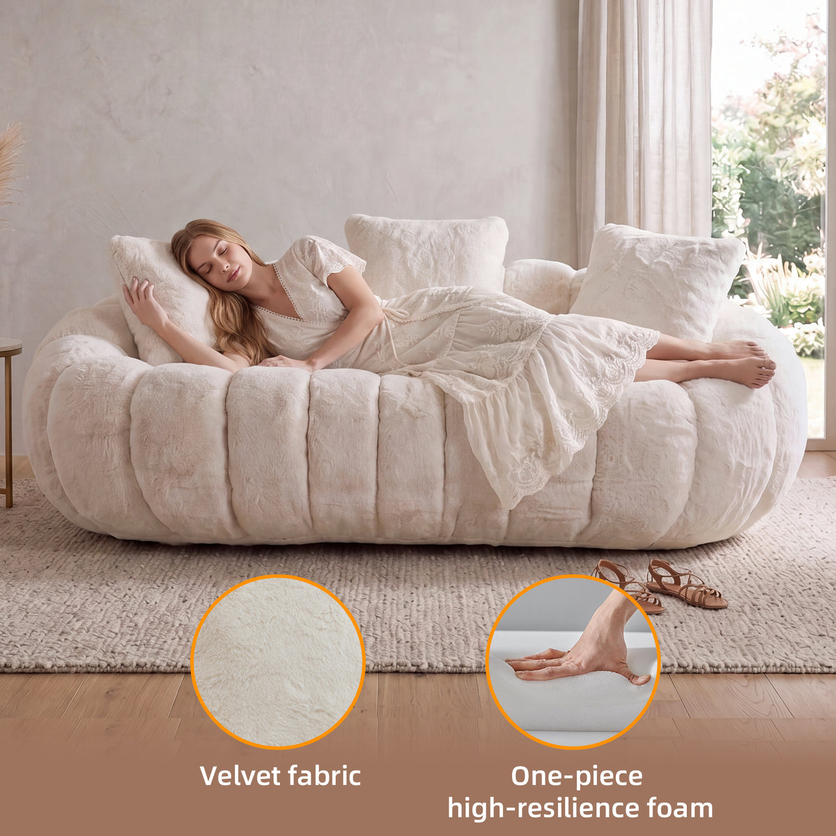 75.5'' Oversized Velvet Upholstered Sofa Bed, Comfy Sleeper Chair Sofa Couch, Floral-shaped Boneless Couch, Chaise Lounge Chair Indoor, Loveseat Cloud Couches for Living Room, Beige