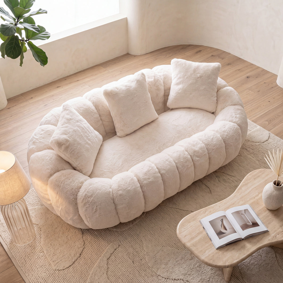 75.5'' Oversized Velvet Upholstered Sofa Bed, Comfy Sleeper Chair Sofa Couch, Floral-shaped Boneless Couch, Chaise Lounge Chair Indoor, Loveseat Cloud Couches for Living Room, Beige