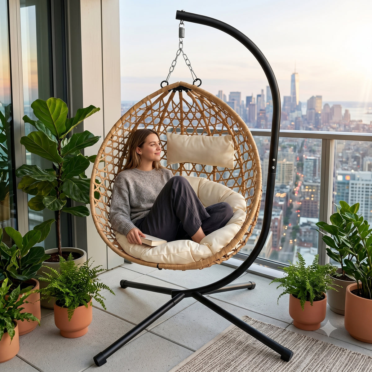 Foldable Indoor/Outdoor Wicker Swing Egg Chair, Hammock Hanging Chair Nest Basket with Stand, UV Resistant Cushions, 350LB Capacity for Bedroom, Balcony, Garden & Poolside, Beige-Yellow