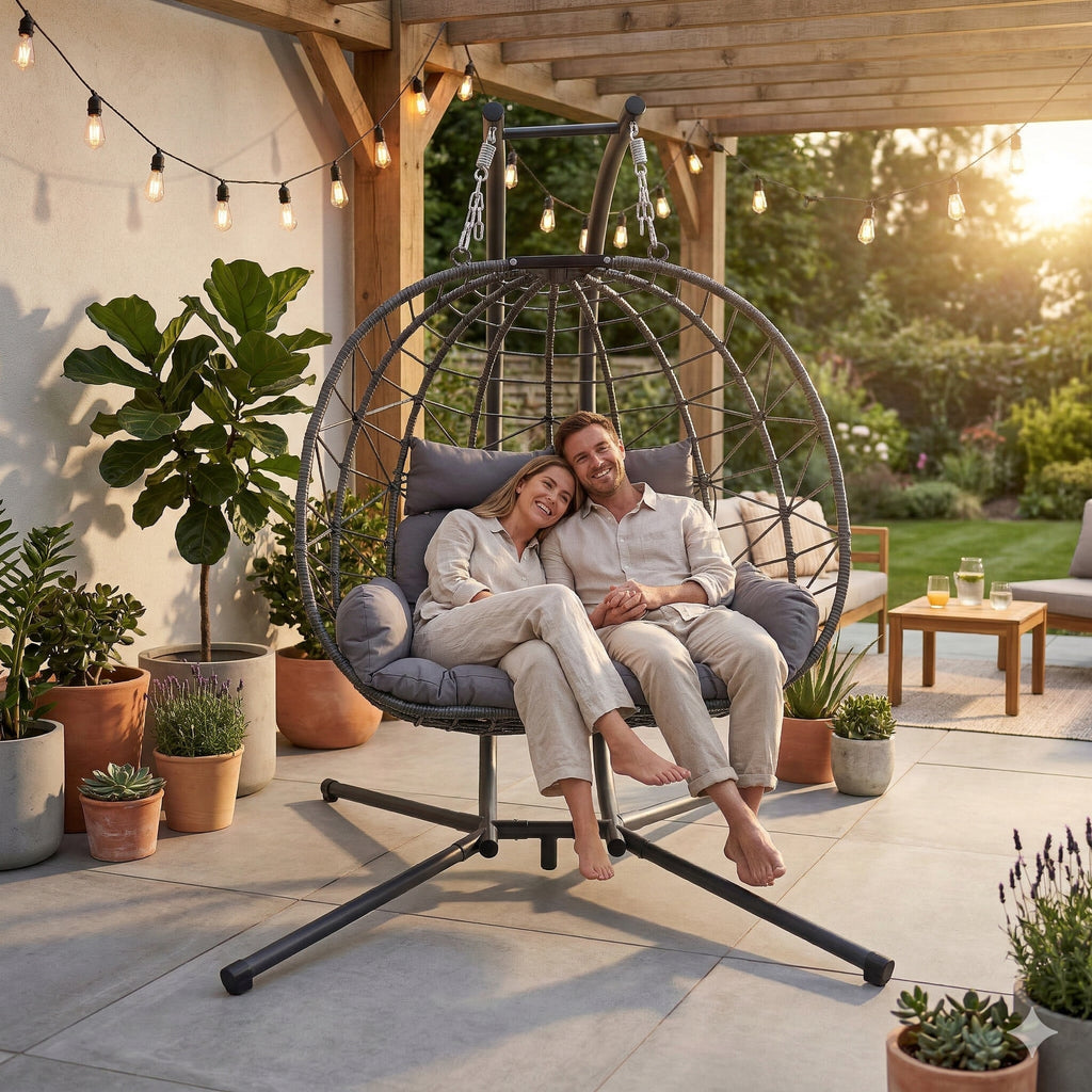 Indoor/Outdoor Wicker Swing Egg Chair, Double Hammock Hanging Chair Nest Basket with Stand, UV Resistant Cushions, 700LB Capacity for Bedroom, Balcony, Garden & Poolside, Grey