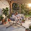 Indoor/Outdoor Wicker Swing Egg Chair, Double Hammock Hanging Chair Nest Basket with Stand, UV Resistant Cushions, 700LB Capacity for Bedroom, Balcony, Garden & Poolside, Grey