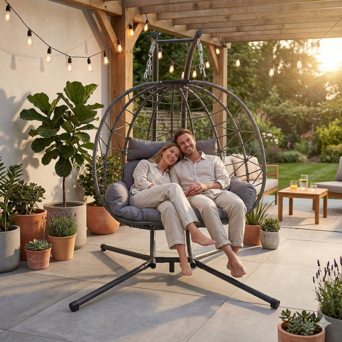 Indoor/Outdoor Wicker Swing Egg Chair, Double Hammock Hanging Chair Nest Basket with Stand, UV Resistant Cushions, 700LB Capacity for Bedroom, Balcony, Garden & Poolside, Grey