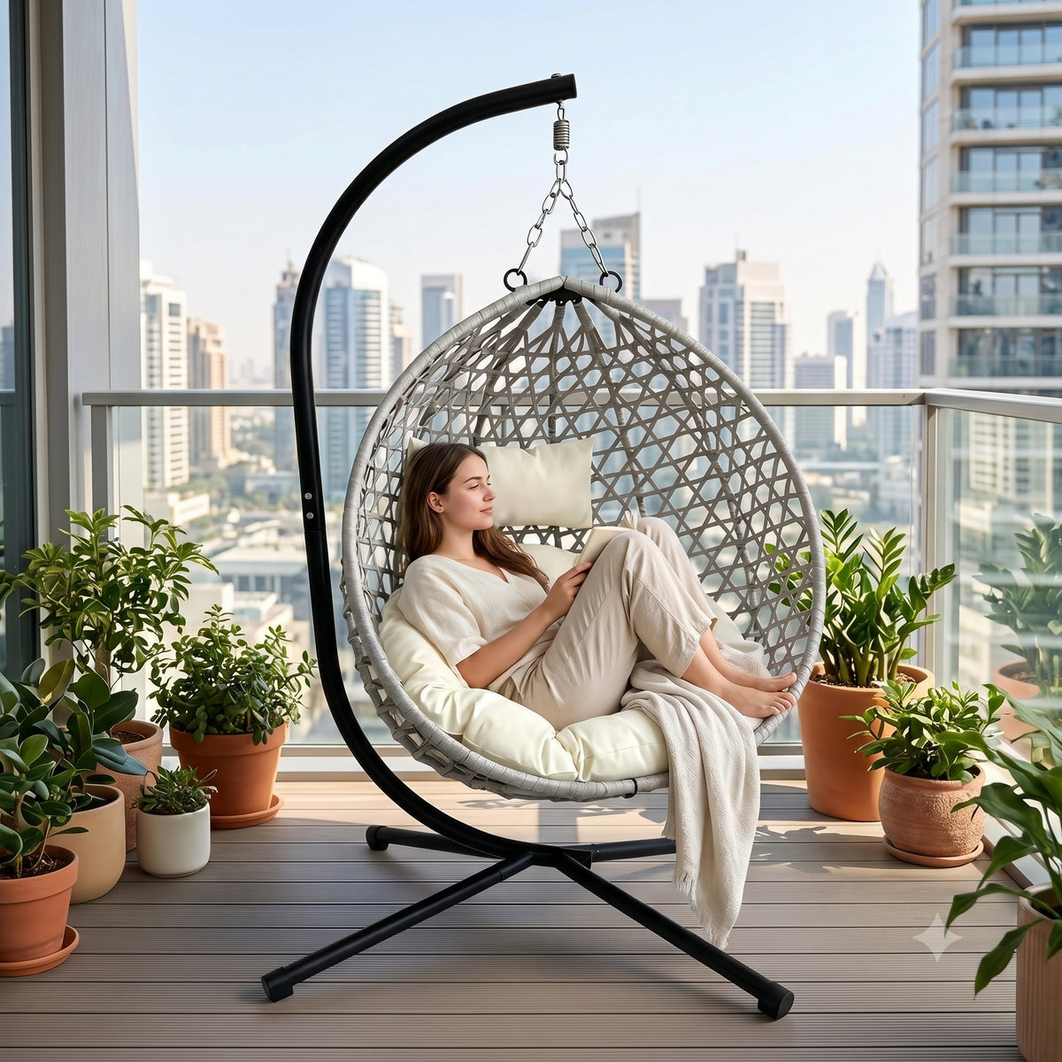 Foldable Indoor/Outdoor Wicker Swing Egg Chair, Hammock Hanging Chair Nest Basket with Stand, UV Resistant Cushions, 350LB Capacity for Bedroom, Balcony, Garden & Poolside, Beige-Gray