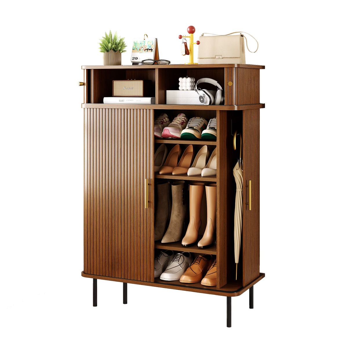 NYBOPAVIS 7-Tier Shoe Cabinet with Sliding Door, Storage Organizer with Adjustable Shelves, Freestanding Shoe Rack for Entryway, Walnut