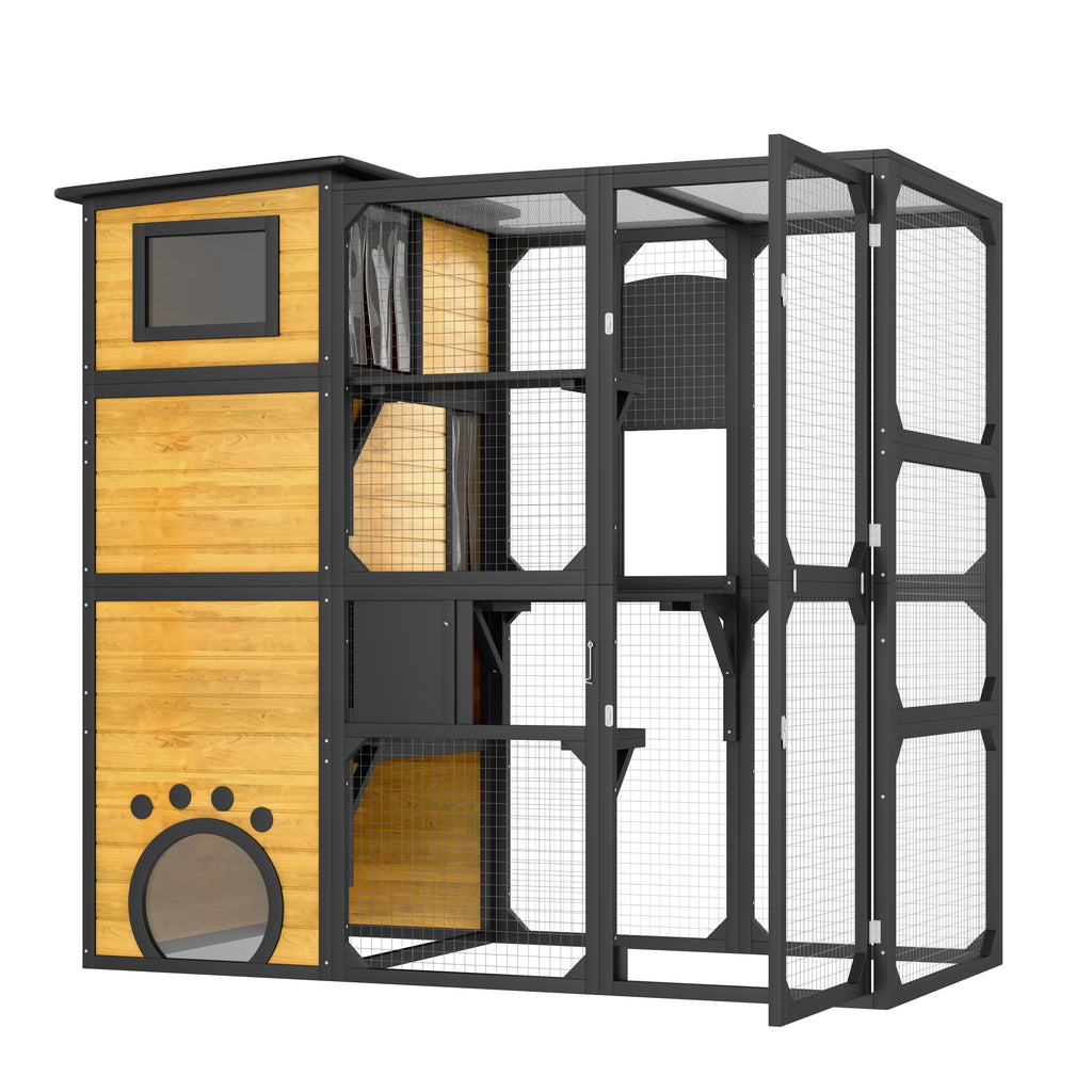 77'' Large Catio Outdoor Cat Enclosure, 4-tier Cat House Outdoor with Asphalt Roof, Wooden, Pine