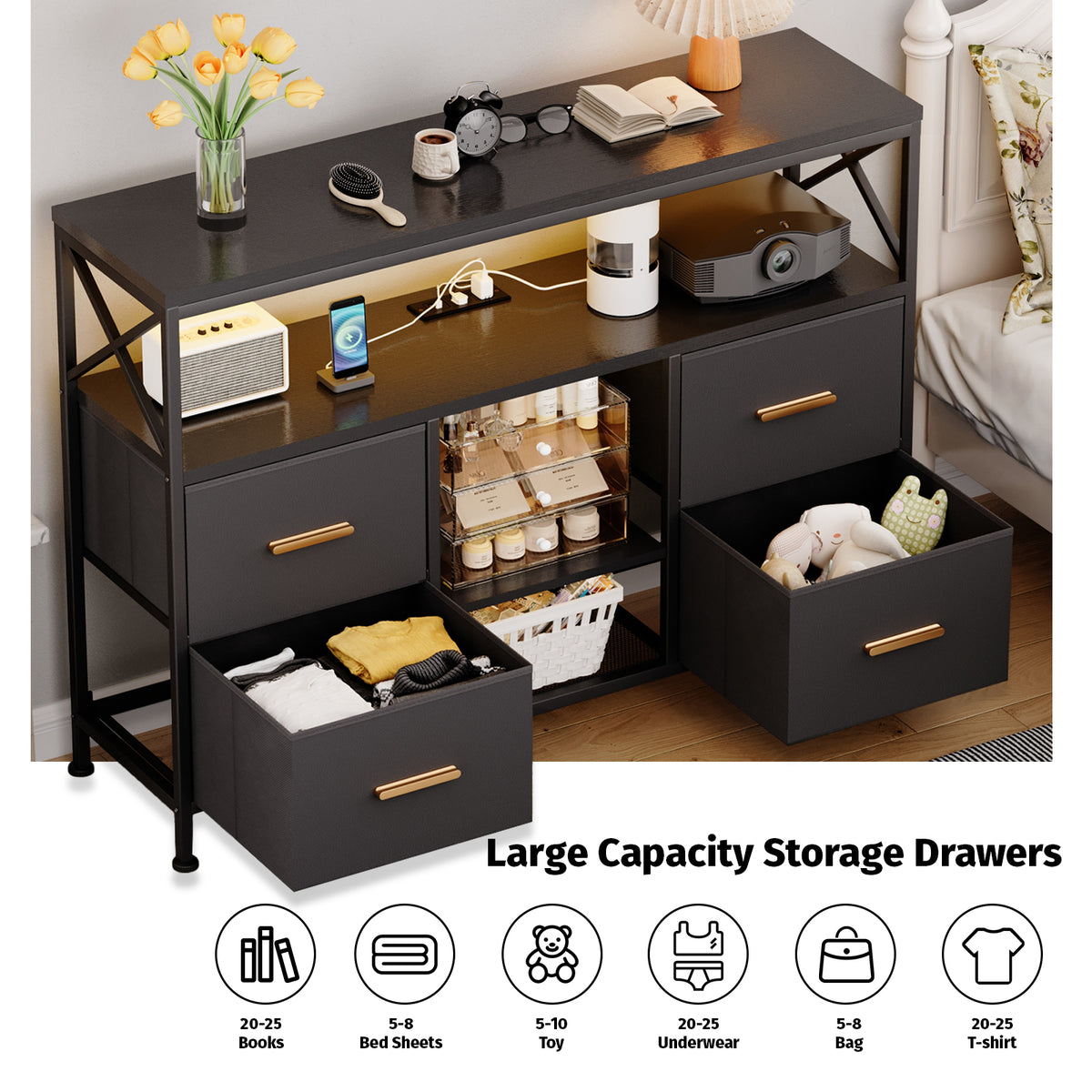 TV Stand for 43" TV, Modern Entertainment Center with LED, Power Outlet, Storage Drawers, TV Console for Living Room,Black