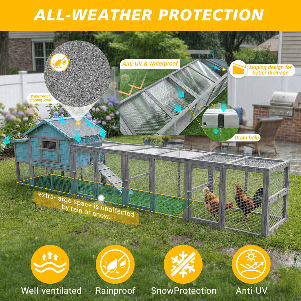 141＂Large Wooden Chicken Coop,21.2ft² Outdoor Hen House with Nesting Box,Wire Fence, Waterproof & Anti-UV Panel,Poultry Cage