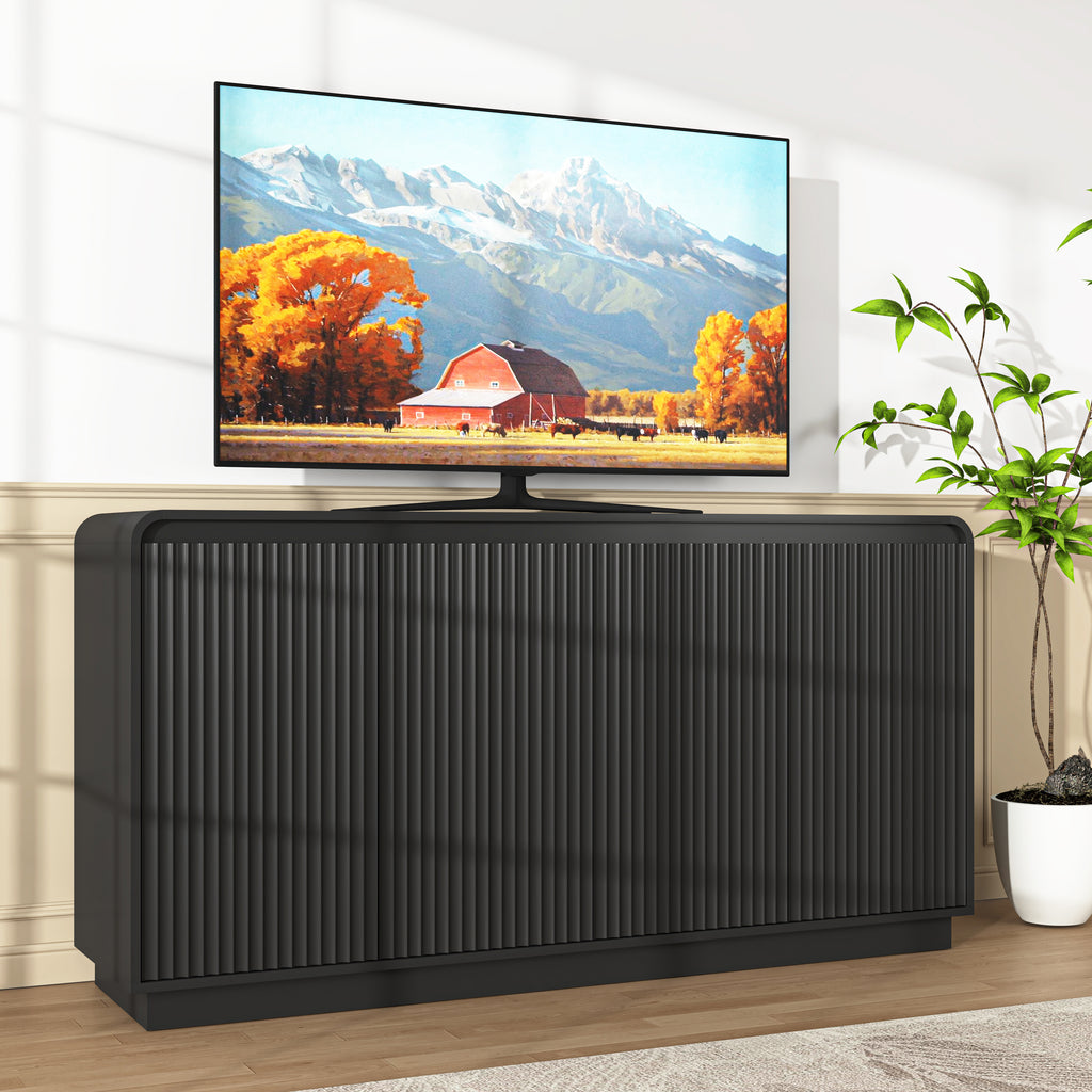 NYBOPAVIS Mid-Century Black TV Stand, Fluted 4-Door Media Console with Power Outlet, Handleless Wave Design Storage Cabinet for Living Room
