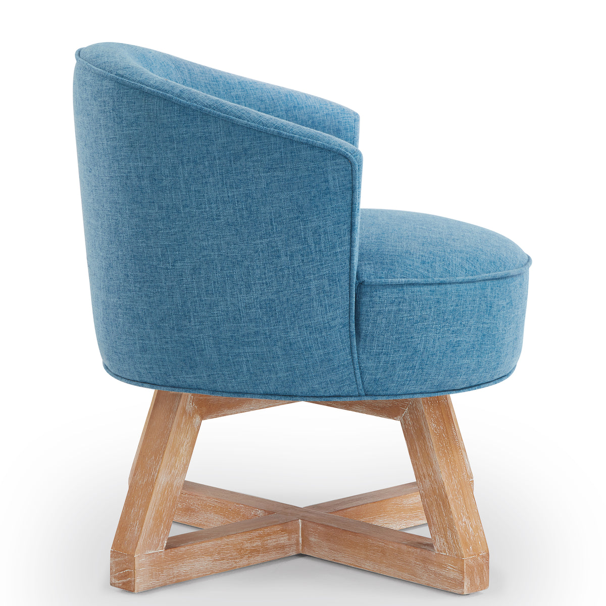 360° Swivel Accent Chair, Barrel Chair with Solid Wood Base, Linen Fabric Armchair, Blue