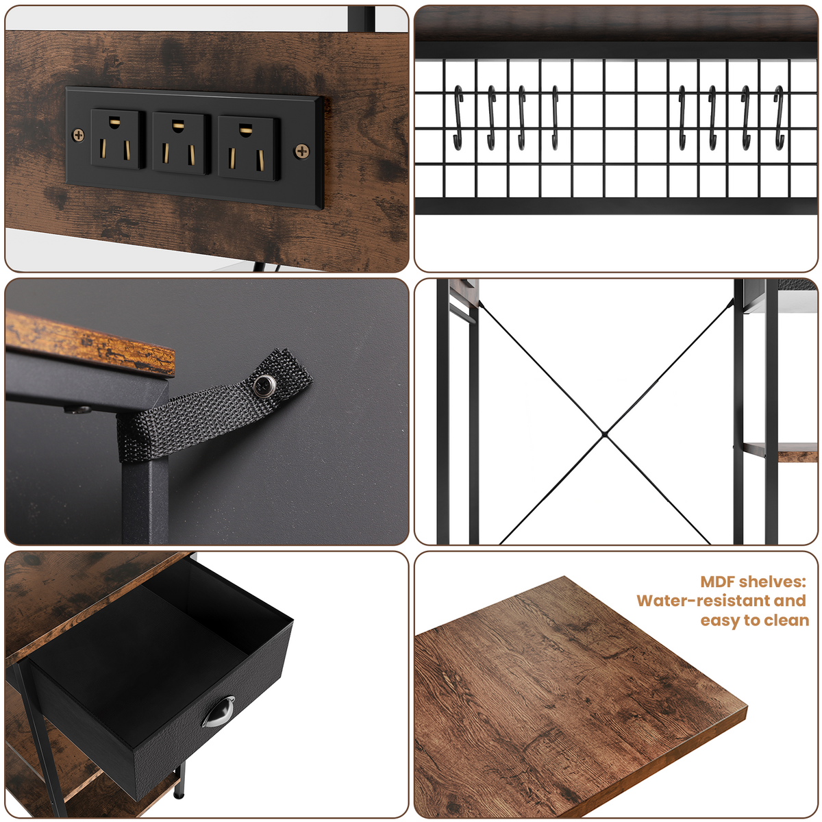 3 Tire Large Bakers Rack with Power Outlets & Adjustable Shelves, Large Coffee Bar Station with 8 Hooks,Kitchen Shelf Rack for Spices, Pots (Rustic Brown)