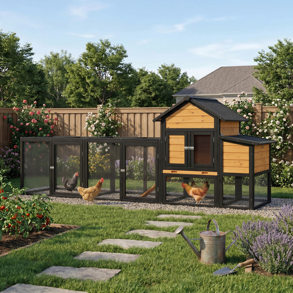 Outdoor Wooden Chicken Coop with Run, 7 Doors, Pull-Out Tray, Nesting Box & Ramp – Backyard Poultry House for 2 – 4 Chickens, Expandable Design