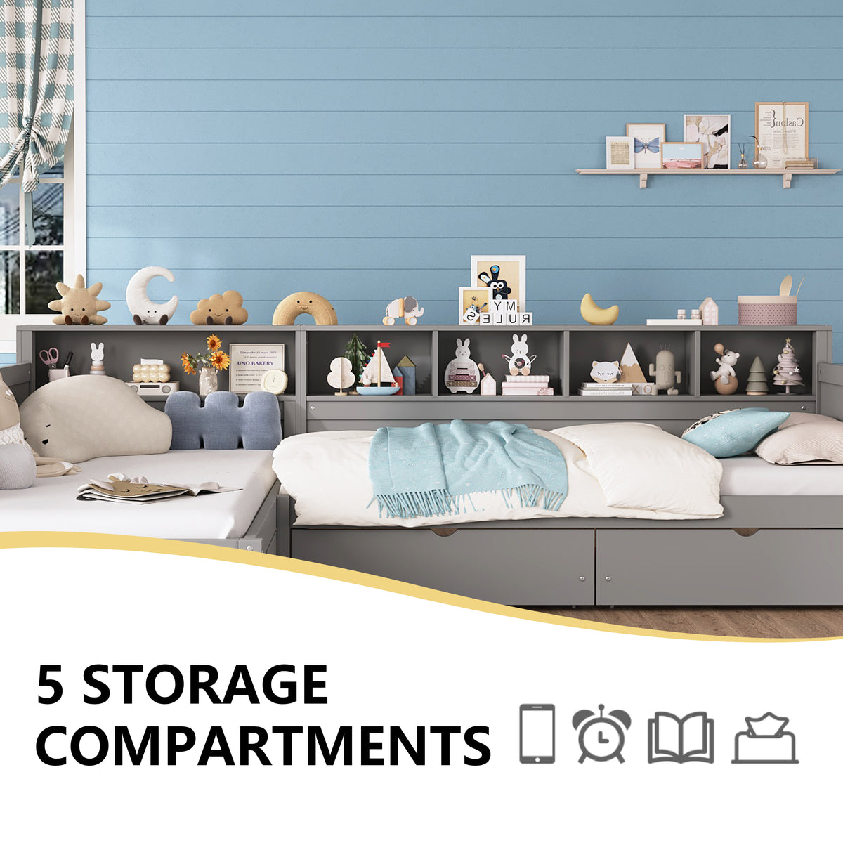 L-Shaped Twin Daybed Frame with Multiple Functional Designs, 2-Person Sleeping Space, 3 Storage Drawers & 5-Grid Bookshelf, Wooden Corner Sofa Bed for Bedroom Living Room Guest Room,White
