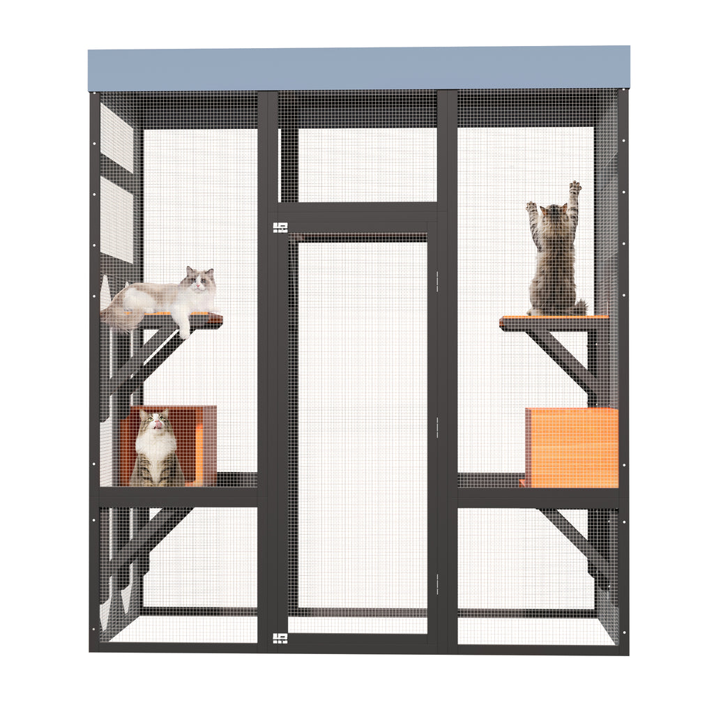 Wooden Catio Outdoor Cat Enclosure Large Cat House for Mulitiple Cats Walk, Indoor 5 Platforms & 2 Napping Houses, Outdoor Cat Catio with Waterproof Cover,Ramp