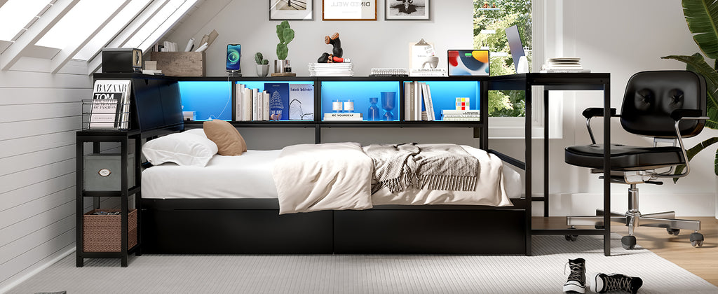 Twin Size Corner Bed Frame with Bookcase & 2 Underbed Storage Drawers, Modern Bed with LED Light and Charging Station, Left and Right Interchangeable, Black