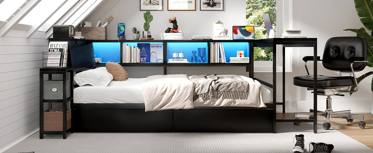 Twin Size Corner Bed Frame with Bookcase & 2 Underbed Storage Drawers, Modern Bed with LED Light and Charging Station, Left and Right Interchangeable, Black