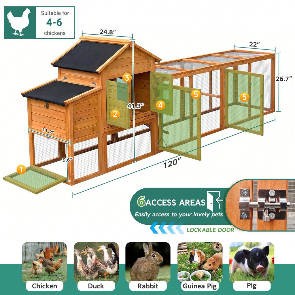 120" large Chicken Coop, Wooden Hen House with Run, Chicken Cage for 4-6 Chickens, Weatherproof Asphalt Roof, Nesting Box & Pull-Out Tray, Black
