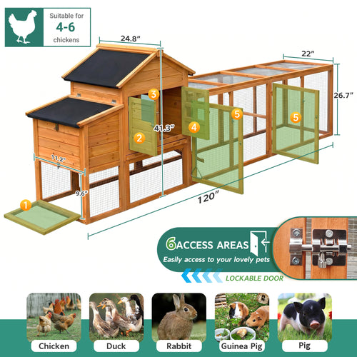 120" large Chicken Coop, Wooden Hen House with Run, Chicken Cage for 4-6 Chickens, Weatherproof Asphalt Roof, Nesting Box & Pull-Out Tray, Black
