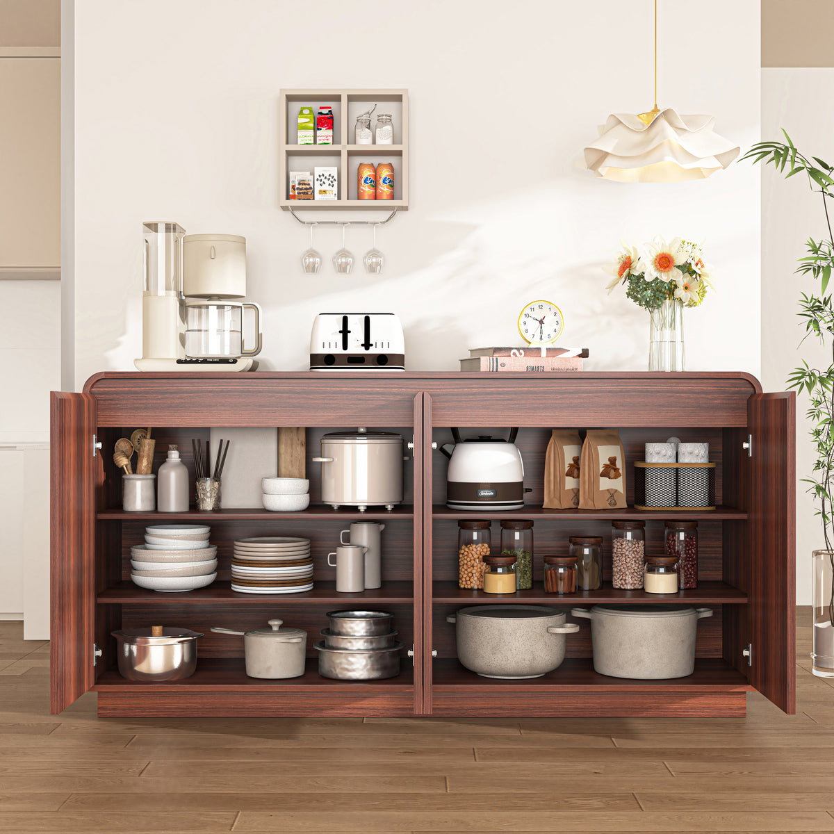 NYBOPAVIS Mid-Century Walnut TV Stand, Fluted 4-Door Media Console with Power Outlet, Handleless Wave Design Storage Cabinet for Living Room