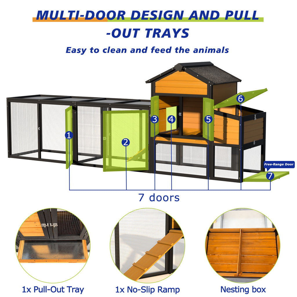 Outdoor Wooden Chicken Coop with Run, 7 Doors, Pull-Out Tray, Nesting Box & Ramp – Backyard Poultry House for 2 – 4 Chickens, Expandable Design