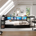 Queen Size Corner Bed Frame with Bookcase & 2 Underbed Storage Drawers, Modern Bed with LED Light and Charging Station, Left and Right Interchangeable, Black