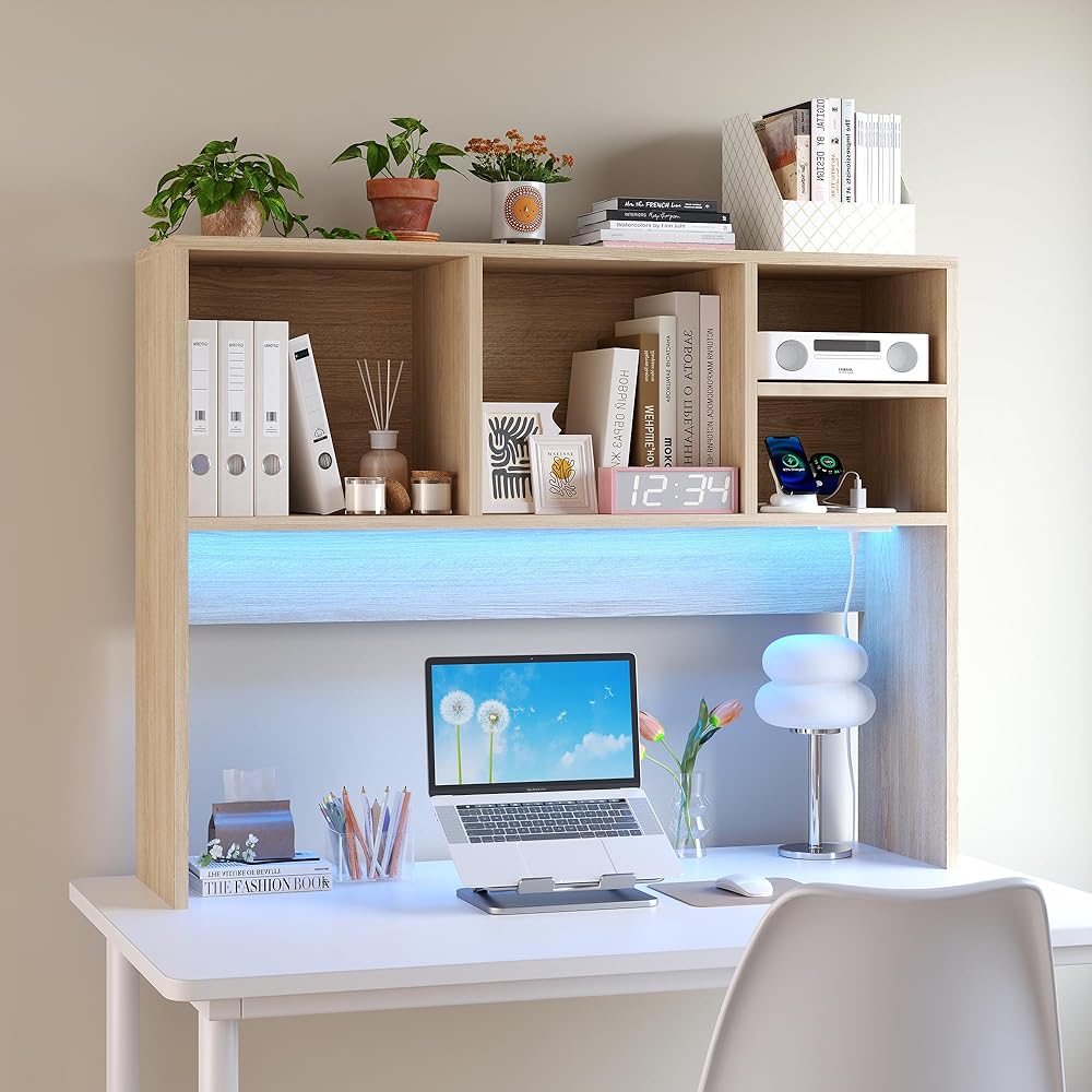 Desktop Bookshelf with Charging Station & LED Light, 3-Tier Display Wooden Rack Desk Organizer for Office,  Dorm, Living Room, Light Brown