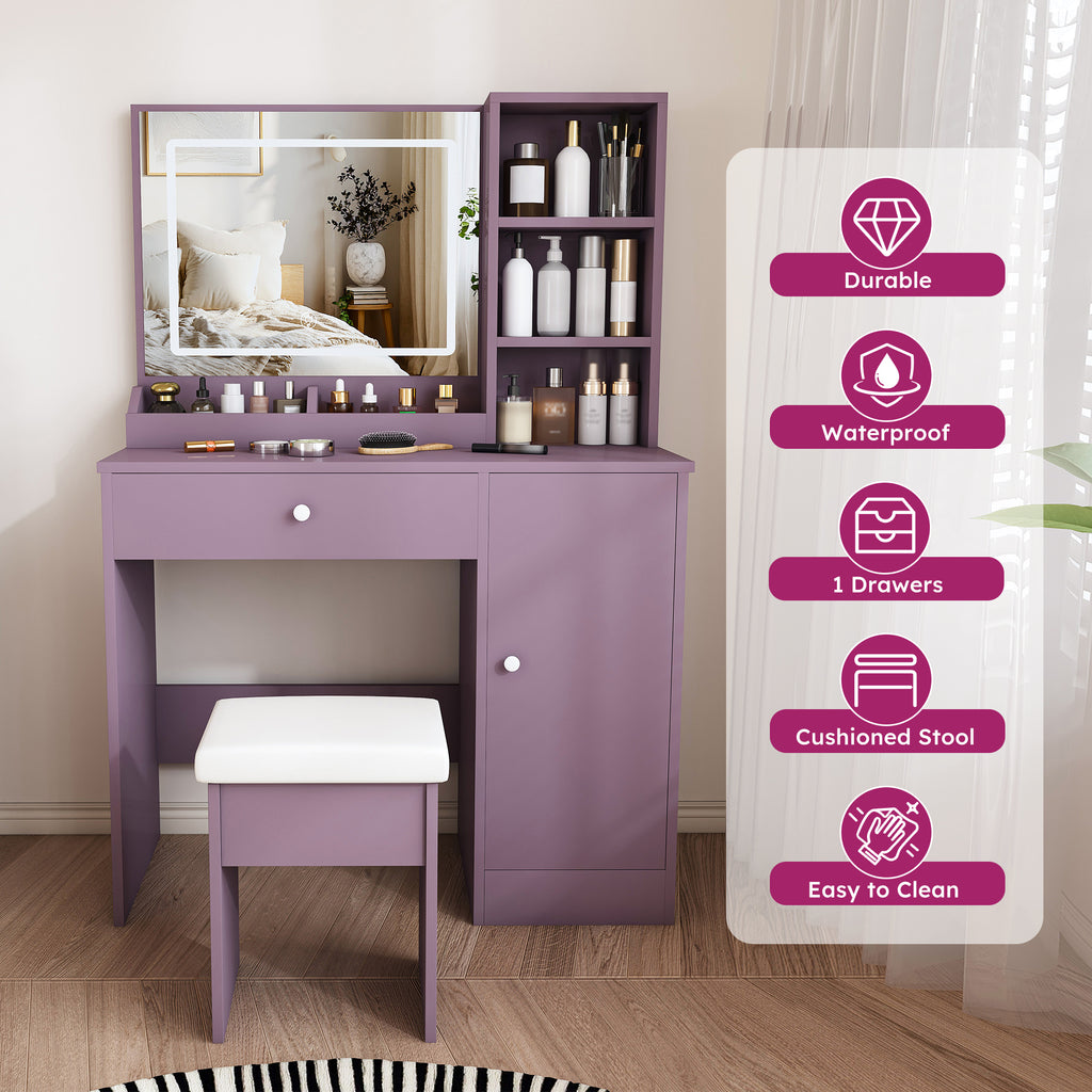 NYBOPAVIS Stylish Vanity Desk Set with Padded Stool & Adjustable LED Lighted Mirror (3 Color Modes), Modern Bedroom Makeup Vanity Desk Combo, Purple