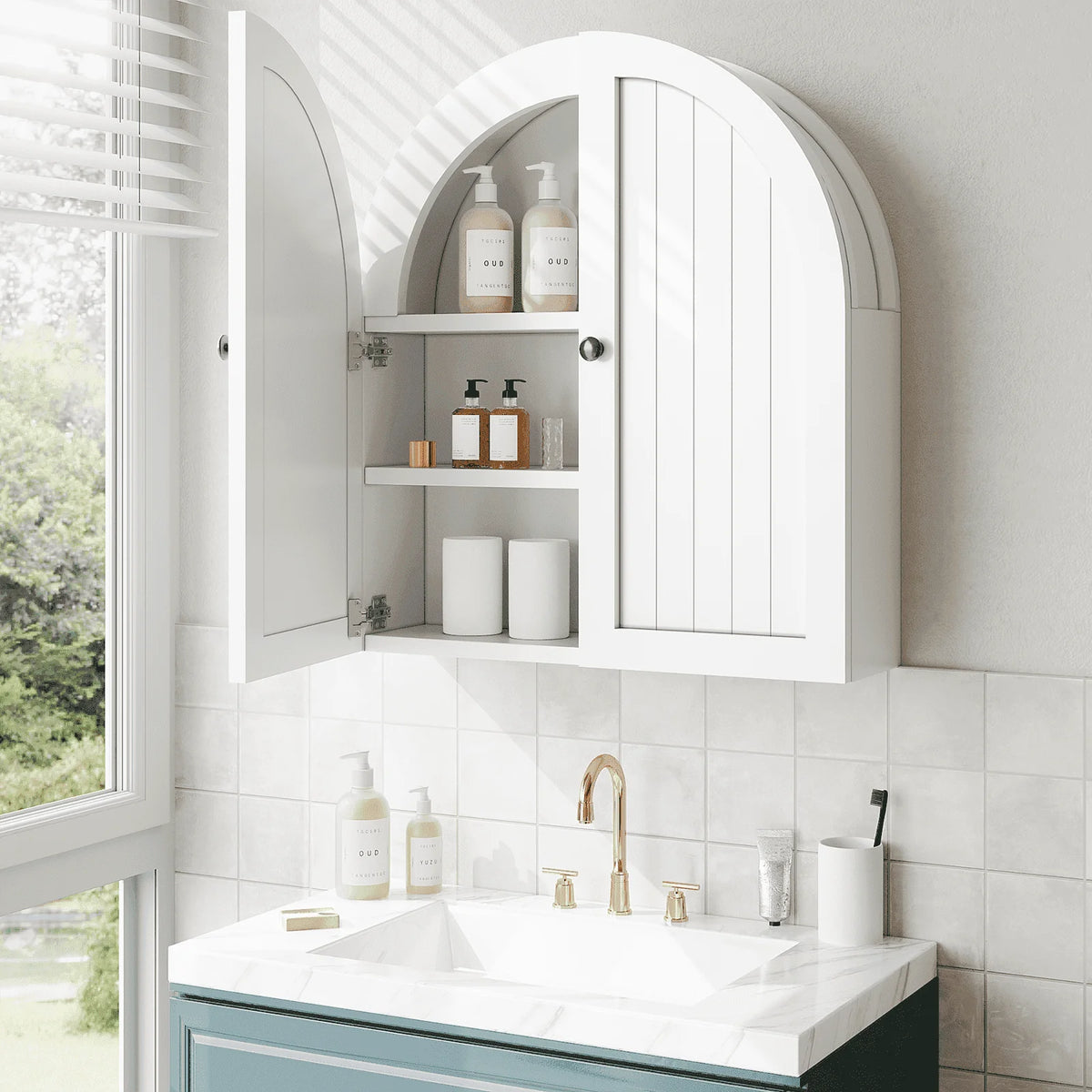 Bathroom Arched Wall Cabinet with Adjustable Shelf，Medicine Wall Mounted Cupboard for Laundry Room Kitchen Living Room, White