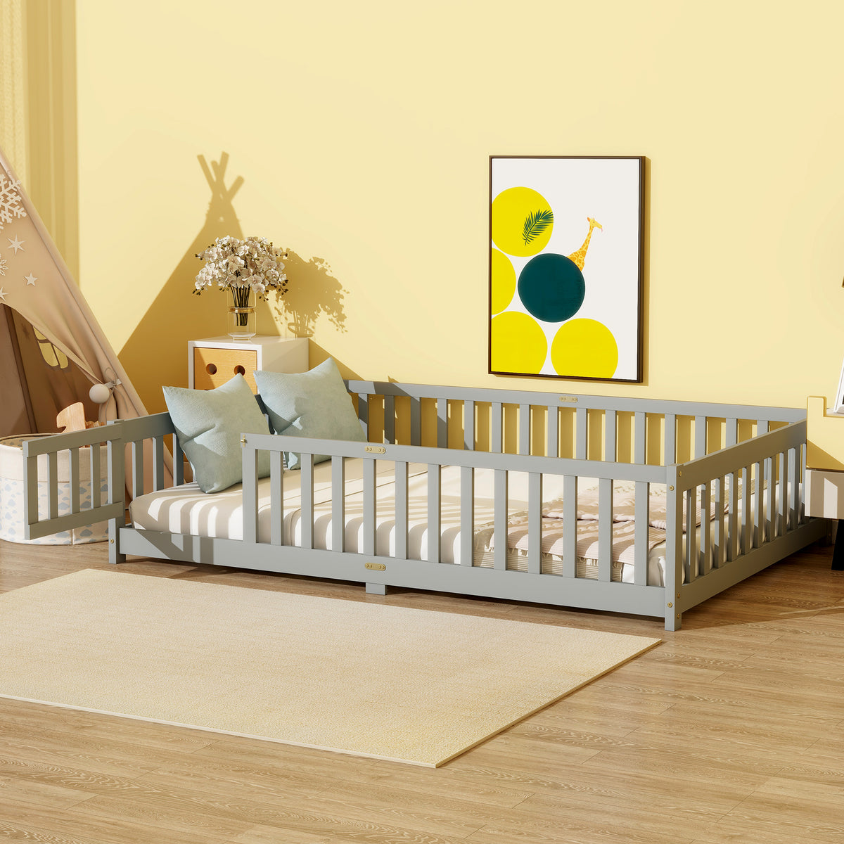 NYBOPAVIS Full Size Floor Bed with Fence & Door,Rubber Wood Floor Bed with Safety Guardrails, Montessori Bed Boys,Girls,Grey