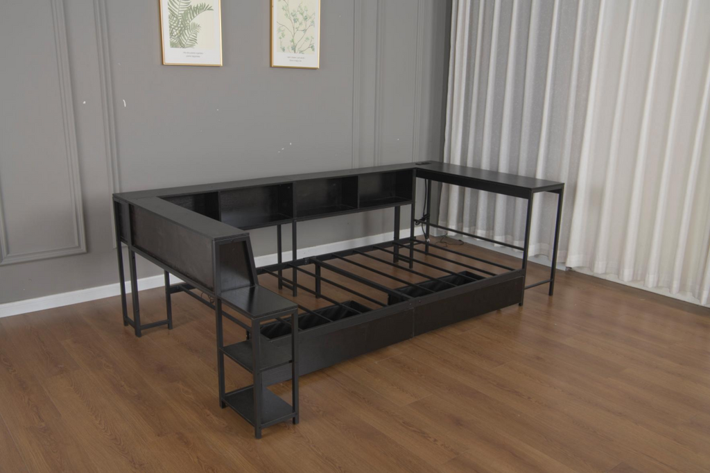 Twin Size Corner Bed Frame with Bookcase & 2 Underbed Storage Drawers, Modern Bed with LED Light and Charging Station, Left and Right Interchangeable, Black