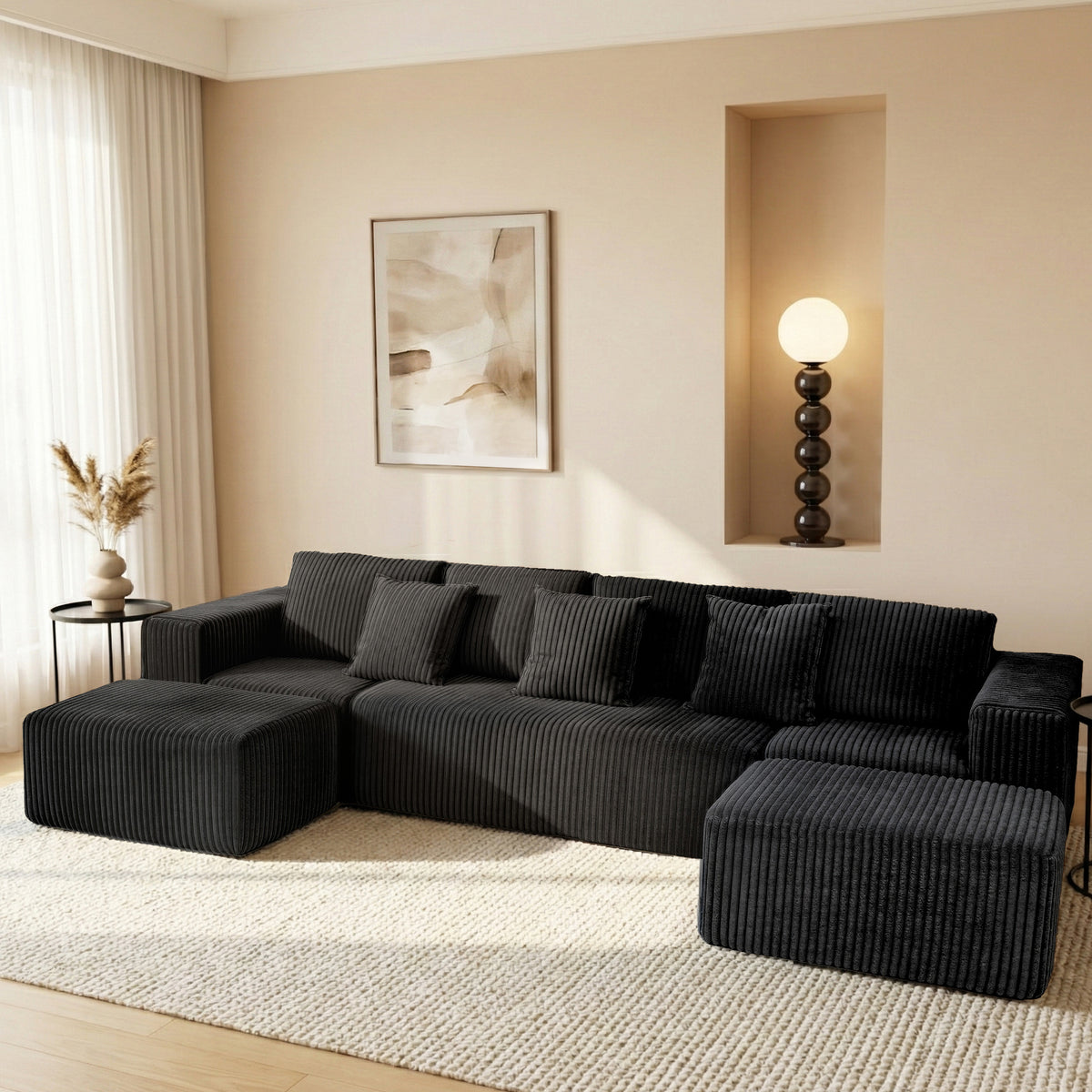 132" U-Shaped Sectional Sofa, 6 seat Oversized Corduroy Couch, Lounge Sleeper with 3 Pillows for Living Room, No Assembly Black
