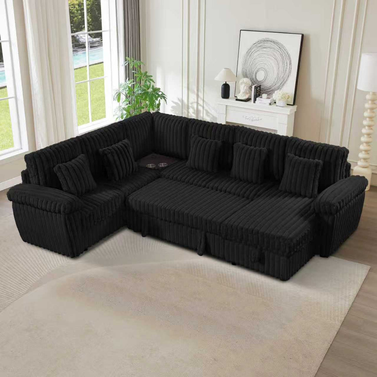 Oversize 110" Modular Sectional Sofa with USB & Cup Holder,Srorage of U shaped 6 Couches Soft Corduroy for Living Room, Apartment, Black