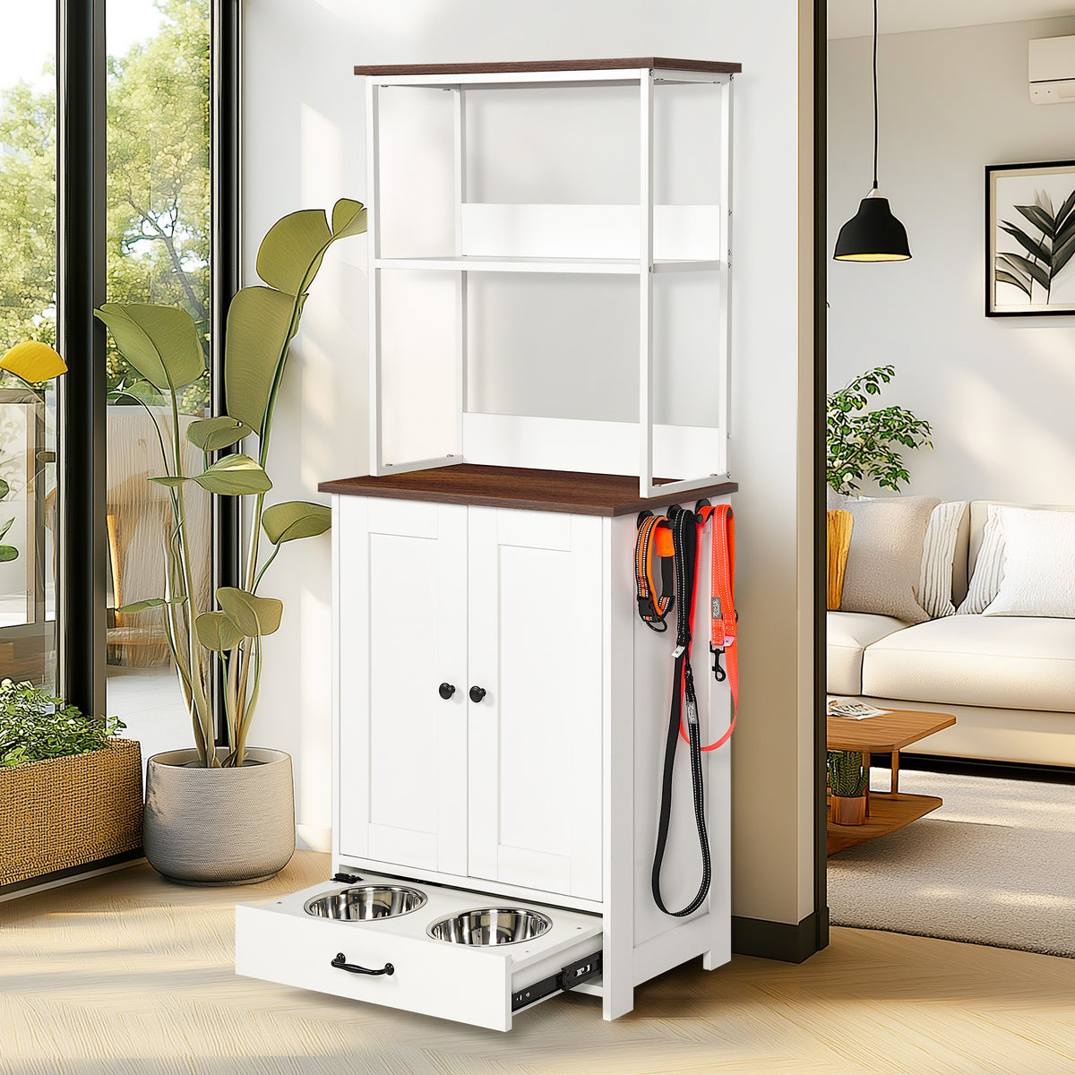 White Pet Feeding Station with Storage Cabinet, 2 Feeding Bowls and Adjustable Baffle Panel for Dog Cat