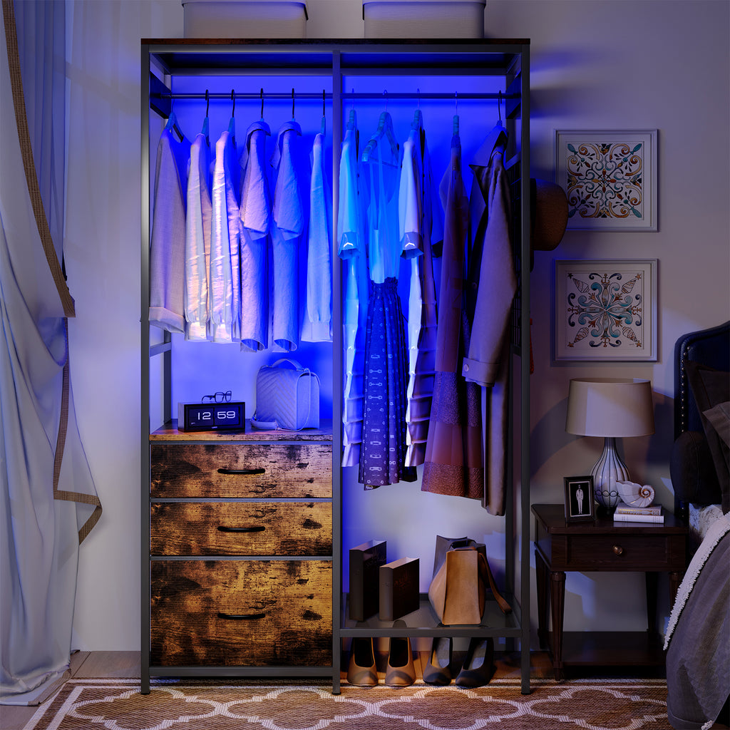 Dresser with LED Hanging Rack & 8 Drawers with LED Lights,with Shoe & Storage Shelf for Bedroom,living room,Brown