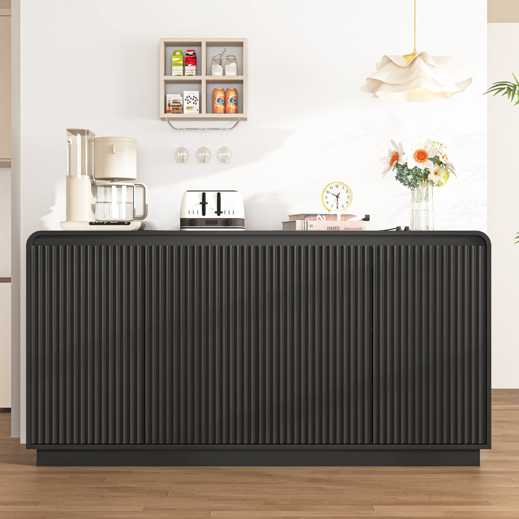 NYBOPAVIS Mid-Century Black TV Stand, Fluted 4-Door Media Console with Power Outlet, Handleless Wave Design Storage Cabinet for Living Room