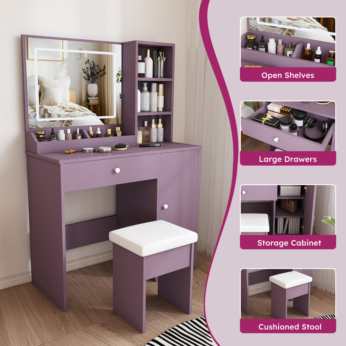 NYBOPAVIS Stylish Vanity Desk Set with Padded Stool & Adjustable LED Lighted Mirror (3 Color Modes), Modern Bedroom Makeup Vanity Desk Combo, Purple