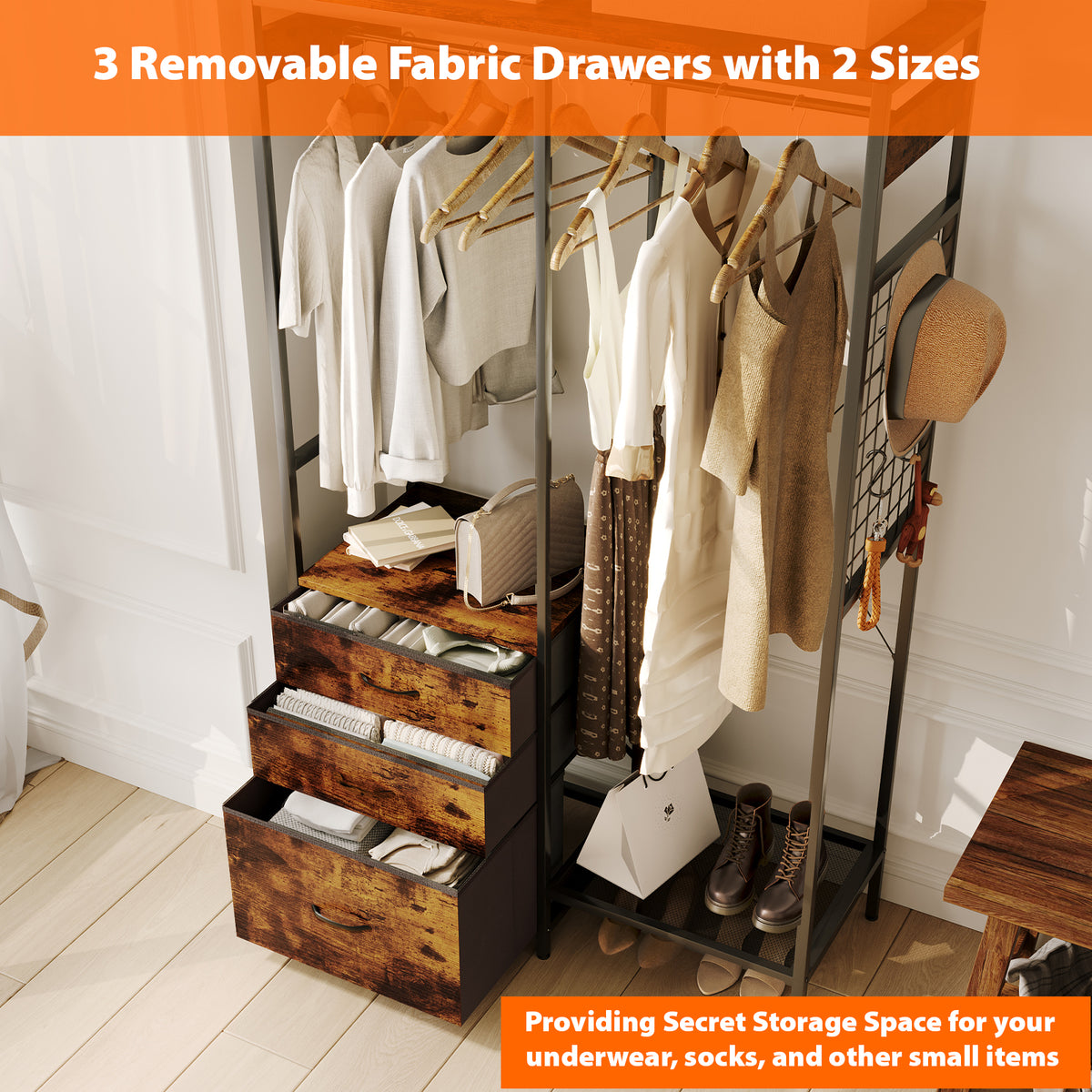 Dresser with LED Hanging Rack & 8 Drawers with LED Lights,with Shoe & Storage Shelf for Bedroom,living room,Brown