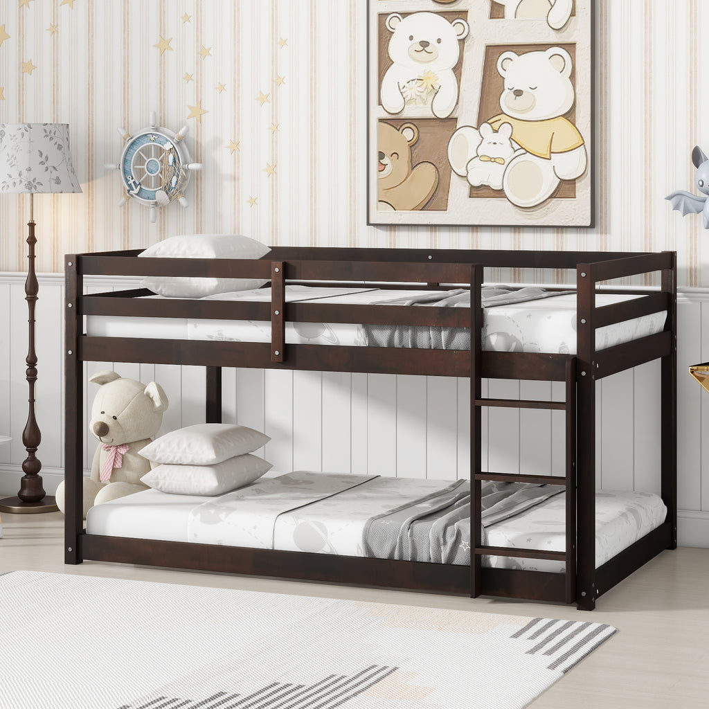 Twin Size Bunk Bed Frame, Wooden Bed Frame with Ladder, Bunk Bed with Guardrail for Bedroom, Espresso
