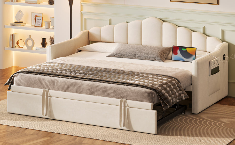 Upholstered Twin Size Daybed Bed with Charging Station & 2 Side Pockets,Velvet Daybed Frame with Adjustable Height Pop Up Trundle for Guest Room, Home Office,Beige