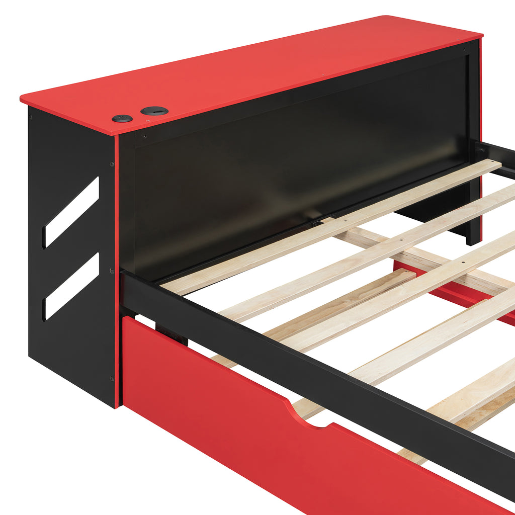 Full Size Wood Daybed with Desk & USB,Full Daybed with Twin Size Trundle for Bedroom, Red
