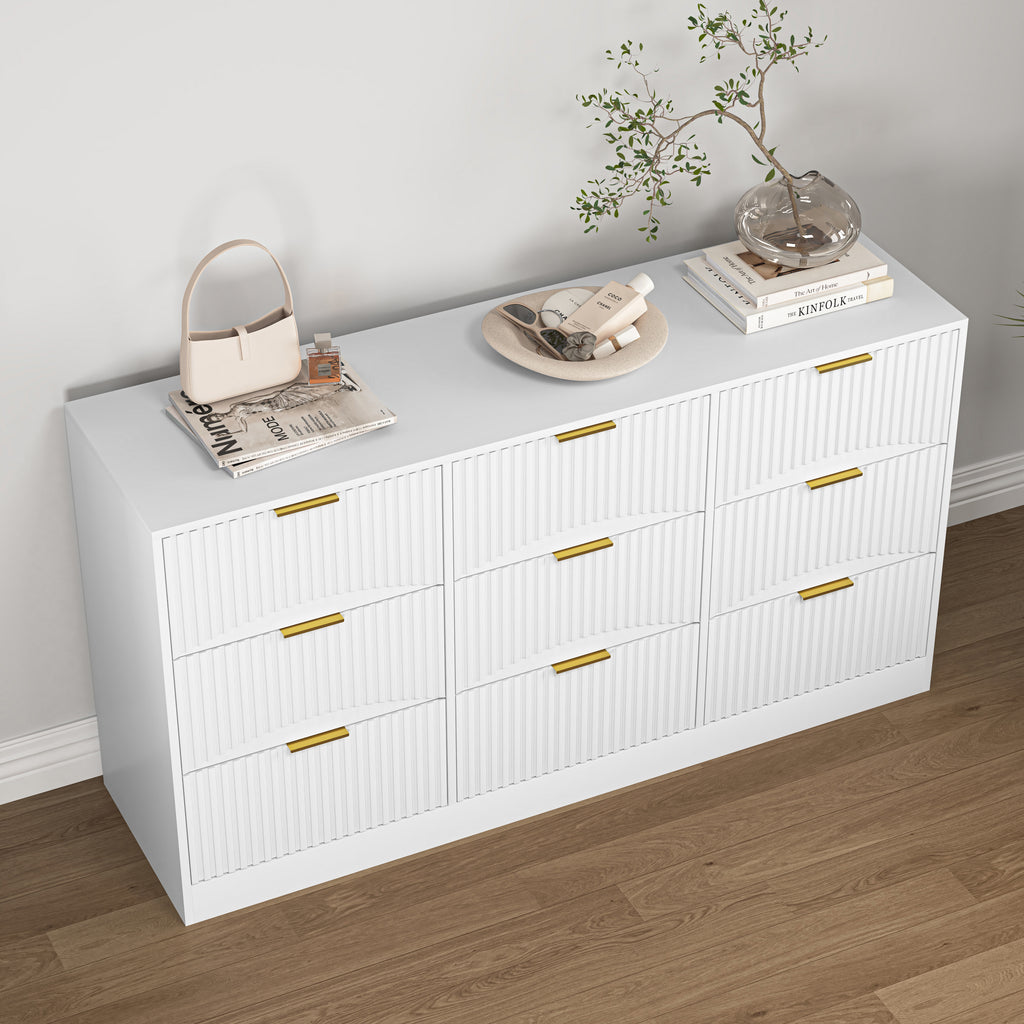 9 Drawer Dresser, 63" Large Deep Chest of Drawers, Wooden Dresser Storage Cabinet for Bedroom, Long Dressers for Living Room, Hallway, Drawer panel with wavy patterns,White